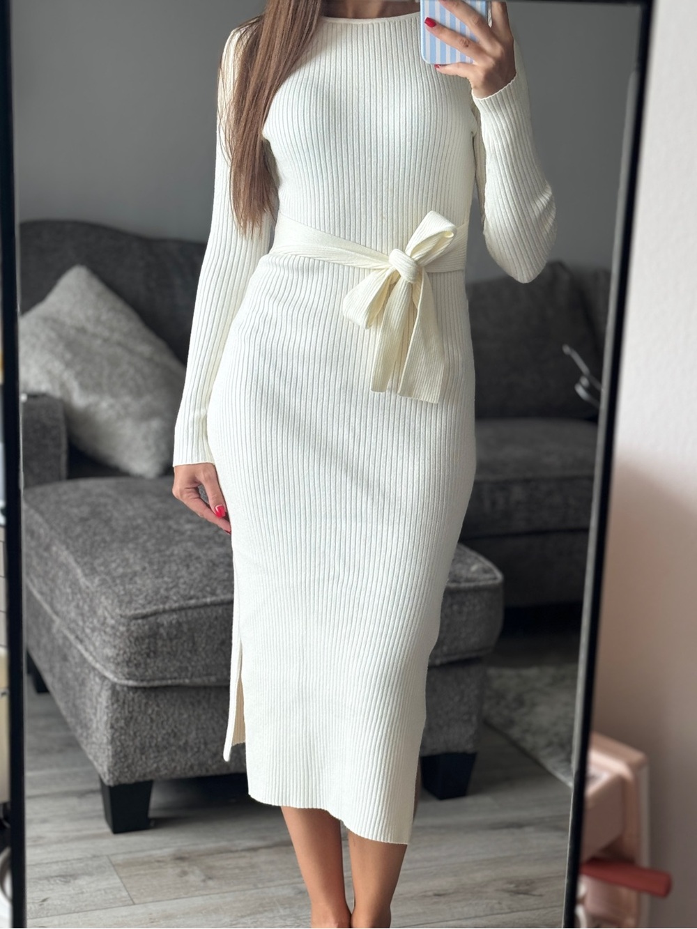 Ribbed Long Sleeve Tie-Waist Midi Dress in Cream